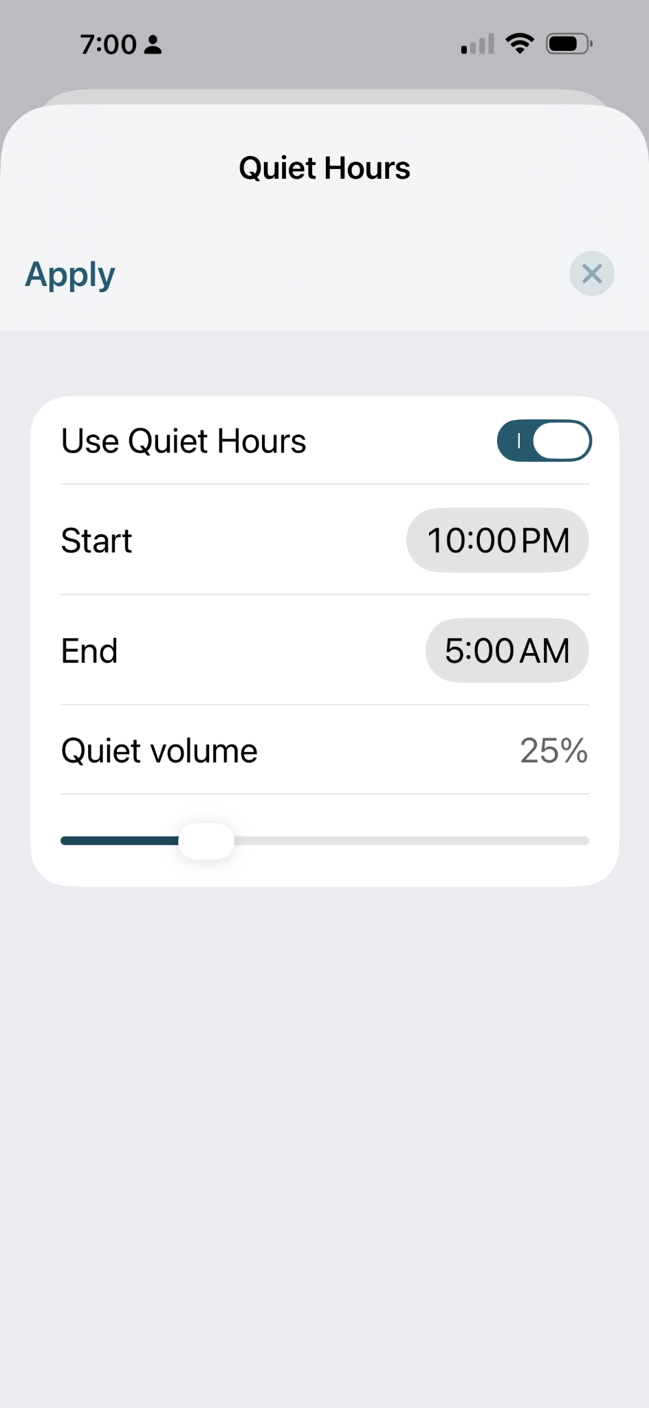 Quiet Hours screen